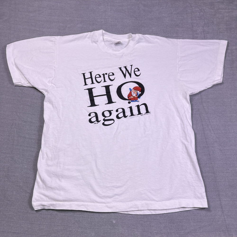 Vintage Fruit Of The Loom Mens White Graphic Here We Ho Again Cotton T-Shirt XL